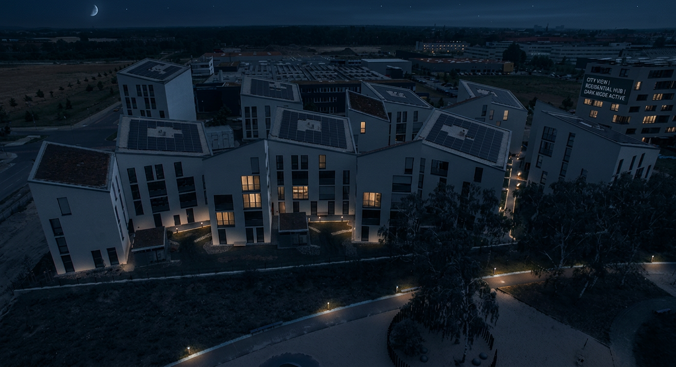 Luftaufnahme eines modernen Gebäudekomplexes mit begrüntem Innenhof und Spielplatz.